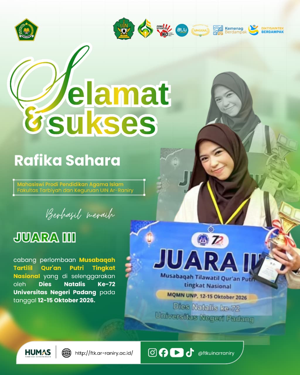 Mahasiswi PAI UIN Ar-Raniry Rafika Sahara Raih Juara III Musabaqah Tartil Qur’an Putri Tingkat Nasional